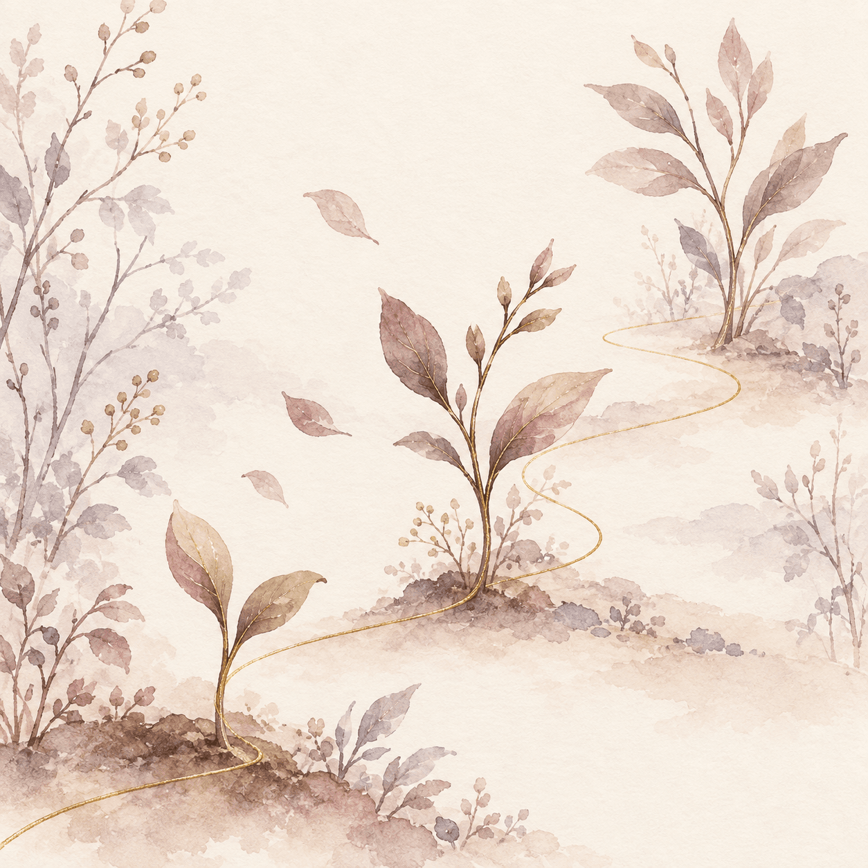 Aquarelle végétale aux tons mauve et rose, traversée par un chemin doré